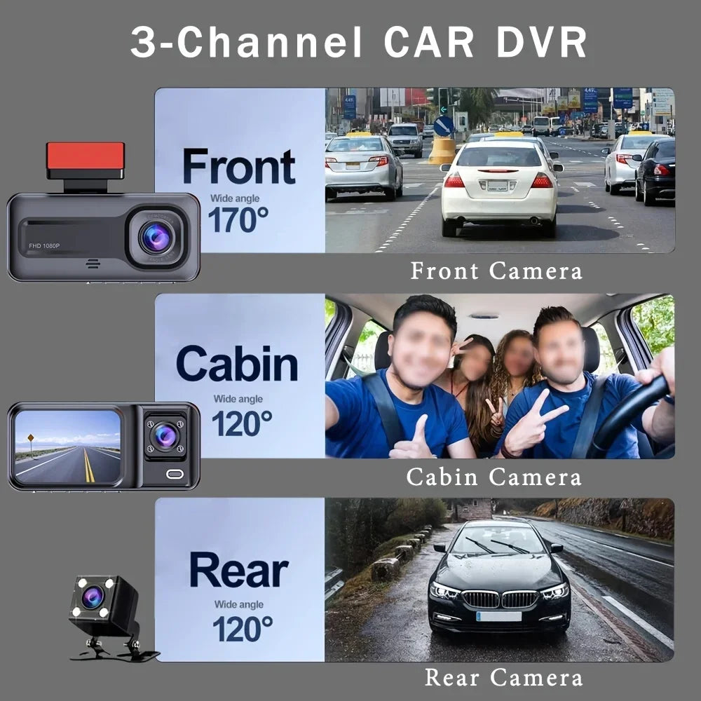 Dash Cam Front and Rear and inside 1080P Full HD 3 Way Dash Cam 3 Cameras Vidoe Recorder Black Box with 3 Cameras